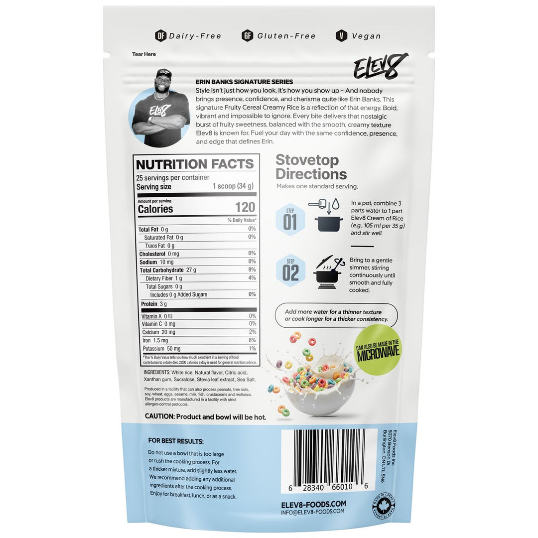 Elev8 Creamy Rice Fruity Cereal nutrition facts panel