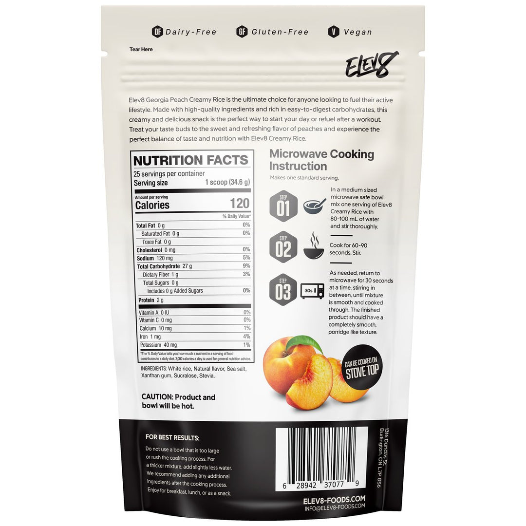 Elev8 Creamy Rice Georgia Peach nutrition facts panel