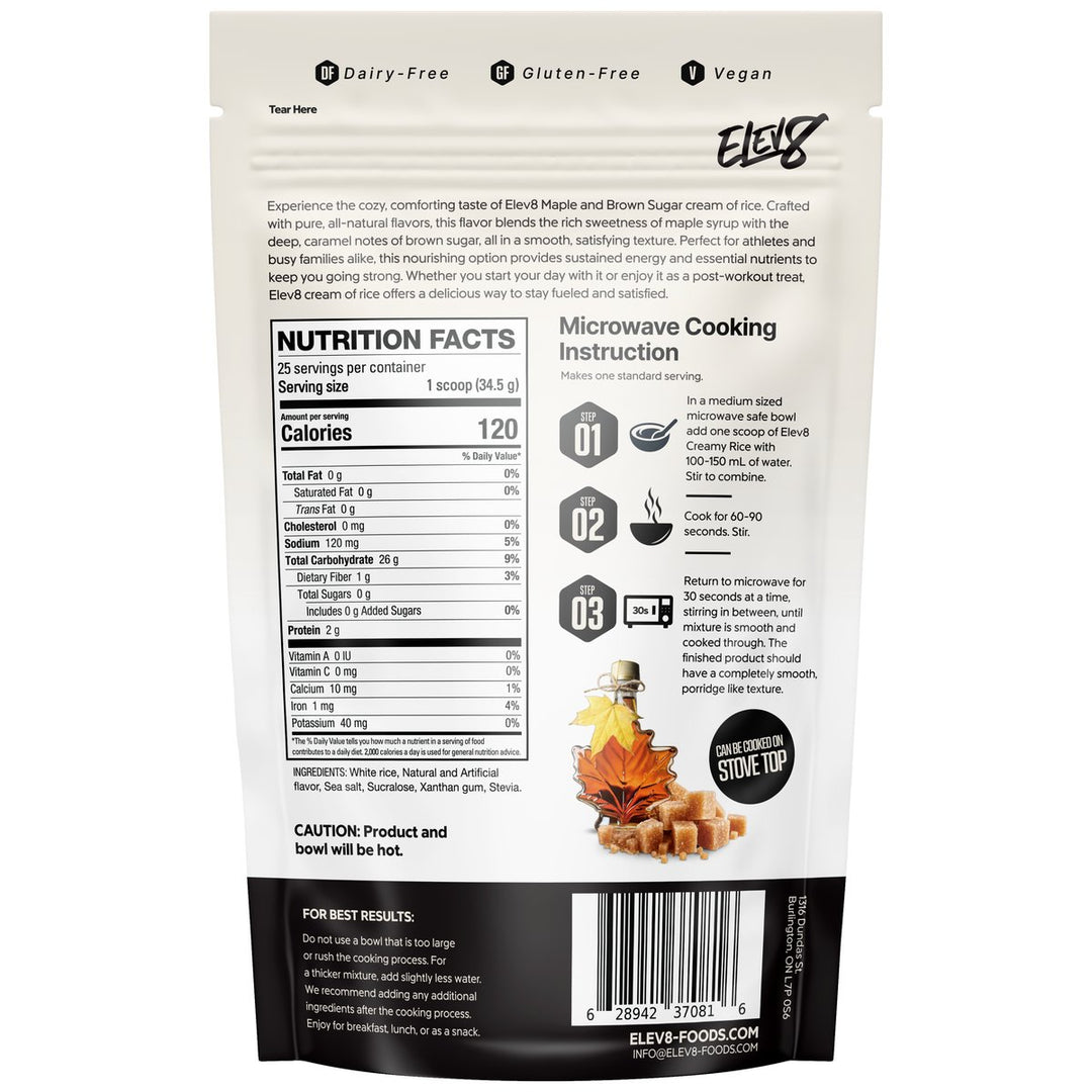 Elev8 Creamy Rice Maple &amp; Brown Sugar nutrition facts panel