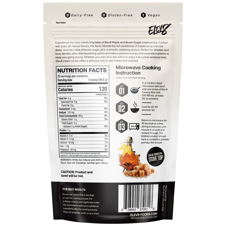Elev8 Creamy Rice Maple &amp; Brown Sugar nutrition facts panel