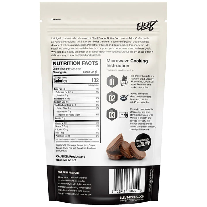 Elev8 Creamy Rice Peanut Butter Cup nutrition facts panel