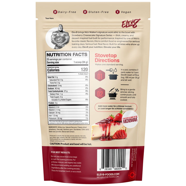 Elev8 Creamy Rice Strawberry Cheesecake nutrition facts panel