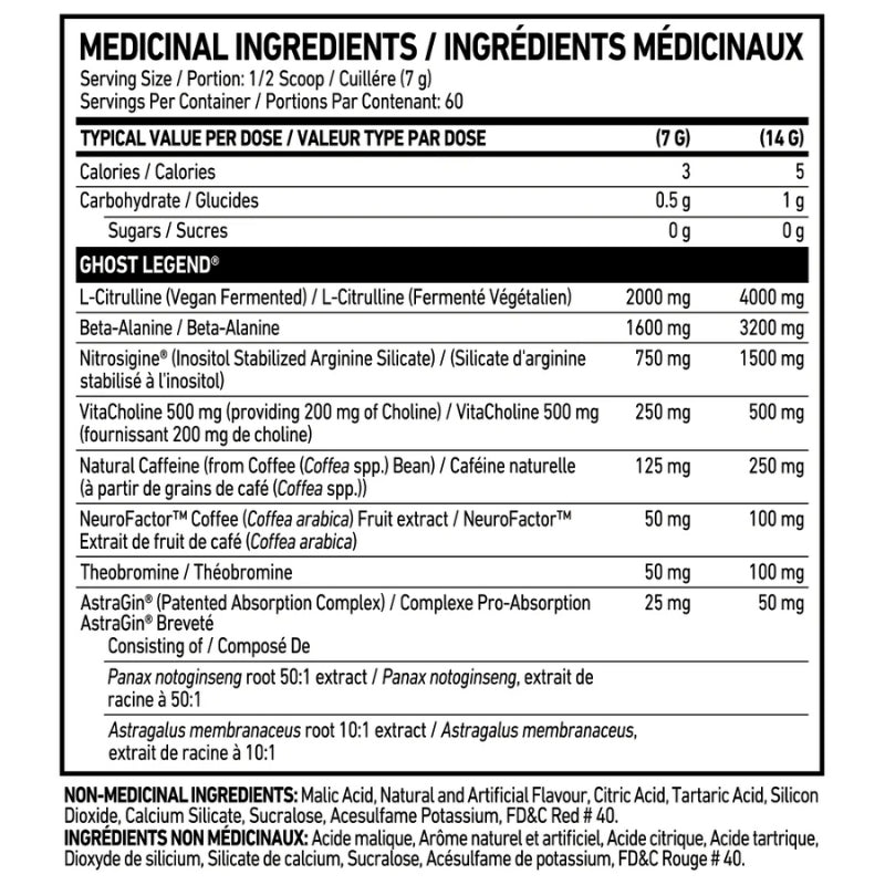 Ghost Legend V3 Pre Workout 30 serve - Supplement Nutrition Facts
