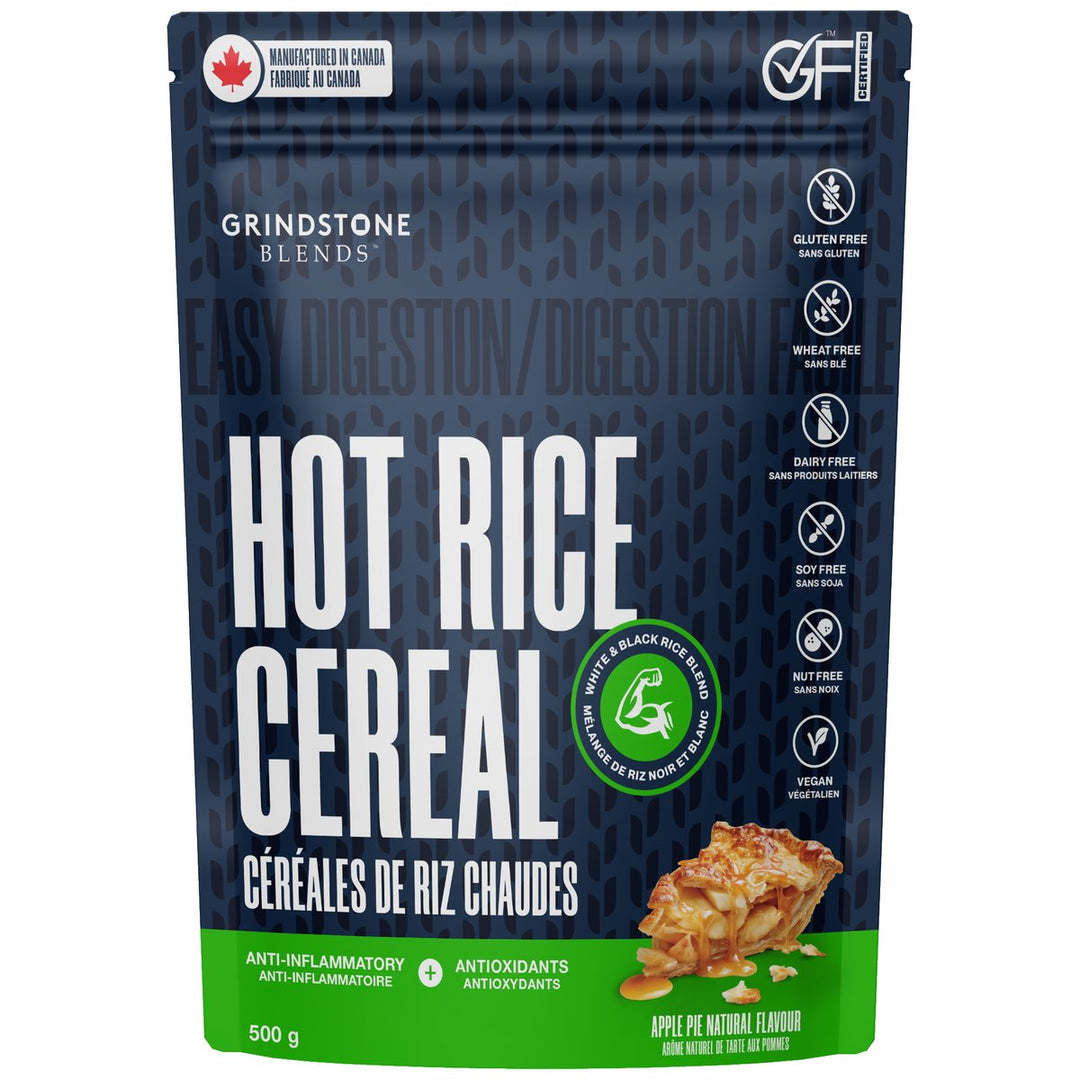 Grindstone Hot Rice Cereal Blend 500g Apple Pie flavour bag - gluten-free white and black rice hot cereal Canada