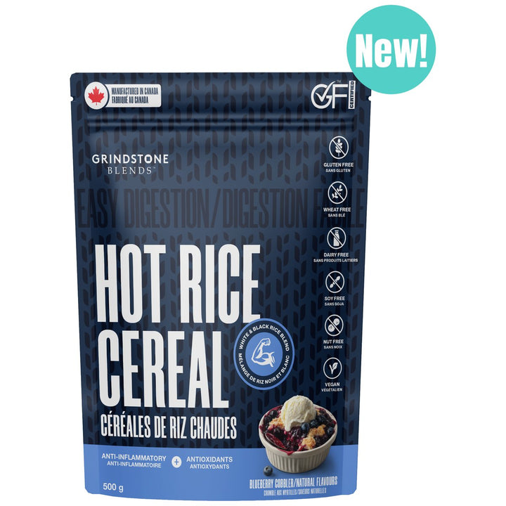 Grindstone Hot Rice Cereal Blend 500g Blueberry Cobbler flavour bag - gluten-free white and black rice hot cereal Canada
