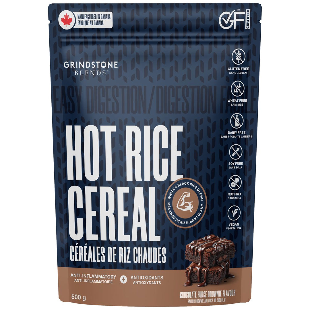 Grindstone Hot Rice Cereal Blend 500g Chocolate Fudge Brownie flavour bag - gluten-free white and black rice hot cereal Canada