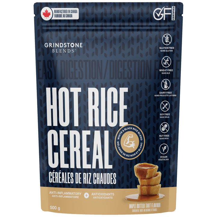 Grindstone Hot Rice Cereal Blend 500g Maple Butter Tart flavour bag - gluten-free white and black rice hot cereal Canada