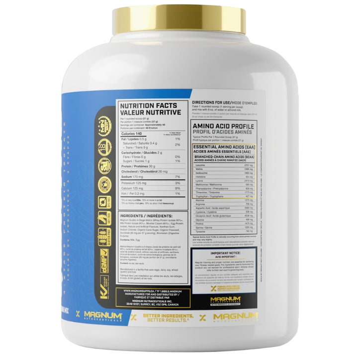 Magnum Supplements Quattro 4lbs Time Released Isolate Protein Nutrition Facts Label Vanilla Ice Cream
