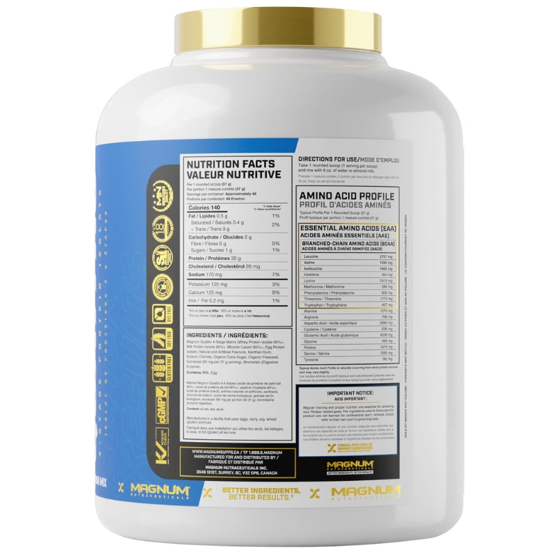 Magnum Supplements Quattro 4lbs Time Released Isolate Protein Nutrition Facts Label Vanilla Ice Cream
