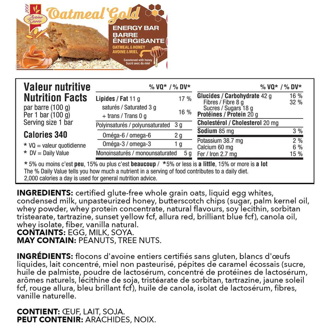 Oatmeal Gold Energy Bars Butterscotch Nutrition Facts – Bulldog Nutrition
