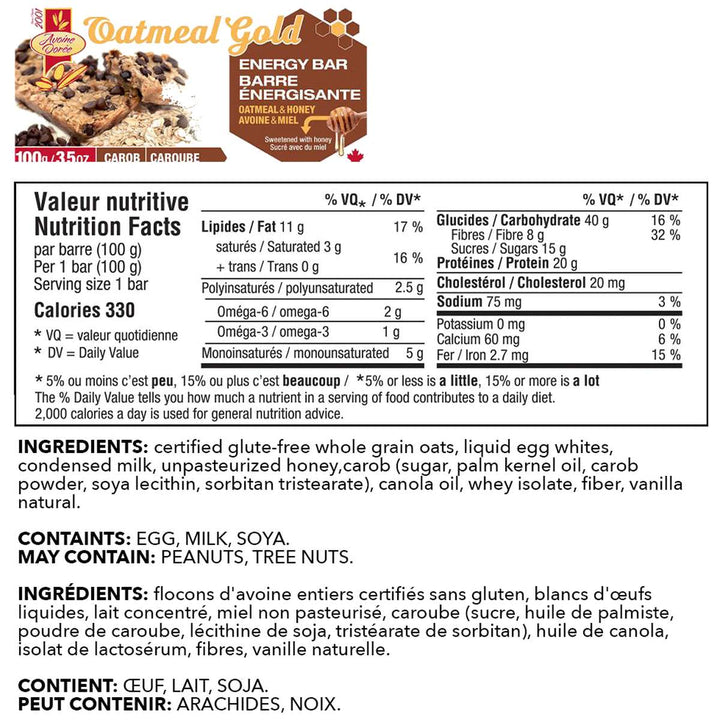 Oatmeal Gold Energy Bars Carob Nutrition Facts – Bulldog Nutrition