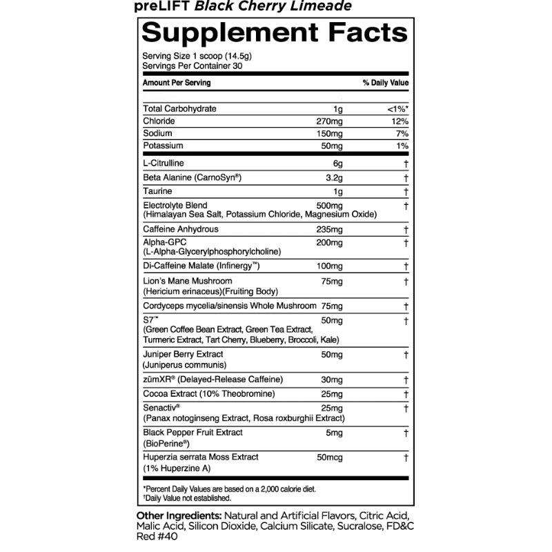 Rule1 Pre Lift Pre Workout Supplement Facts