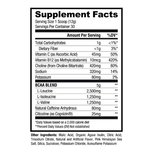 Ryse BCAA Focus 30 serve Supplements Facts