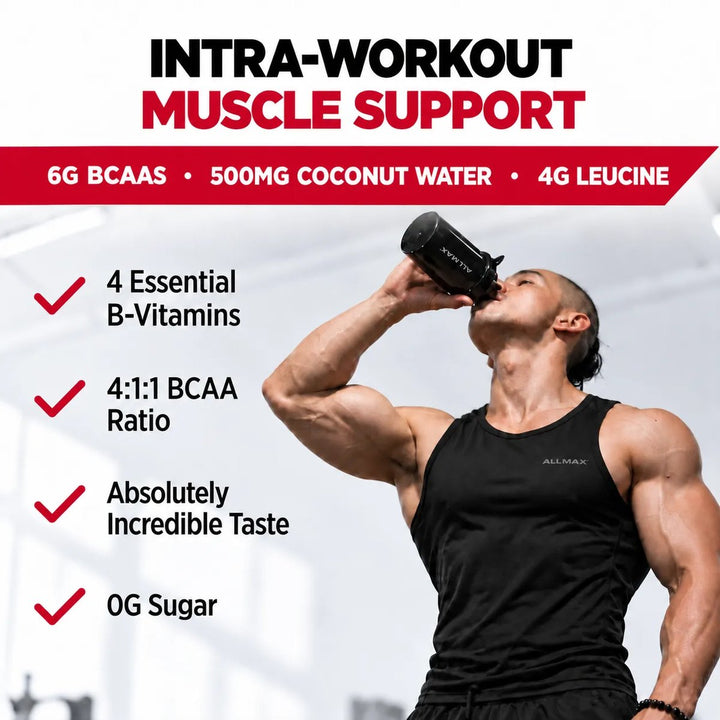 Allmax Aminocore BCAA intra-workout – 6g BCAAs, 500mg coconut water, 4g leucine, 4 B-vitamins, 0g sugar