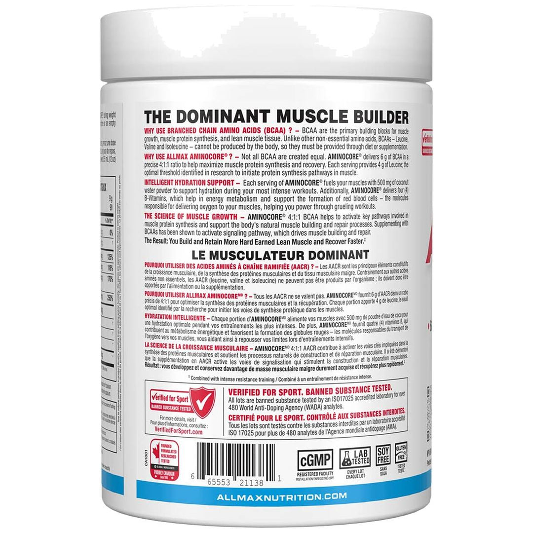 Allmax Aminocore BCAA 90 Servings back label – Verified for Sport banned substance tested – Bulldog Nutrition Canada