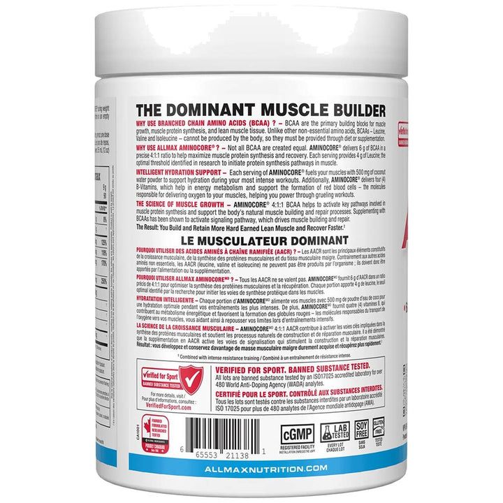 Allmax Aminocore BCAA 90 Servings back label – Verified for Sport banned substance tested – Bulldog Nutrition Canada