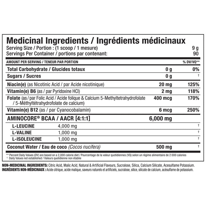 Allmax Aminocore BCAA 90 Servings Canadian Supplement Facts – 6,000 mg BCAAs 4:1:1, 4,000 mg leucine, 500 mg coconut water, 0 g sugar per 9 g scoop