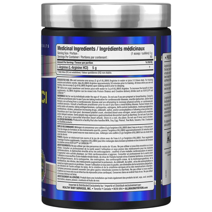 Allmax Arginine HCl 400g Supplement Facts – Bulldog Nutrition