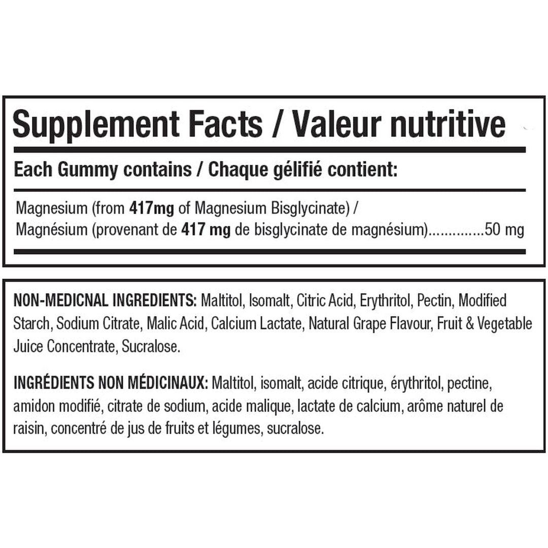 ANS Performance Magnesium Gummies supplement facts panel — 50mg elemental magnesium per gummy from magnesium bisglycinate