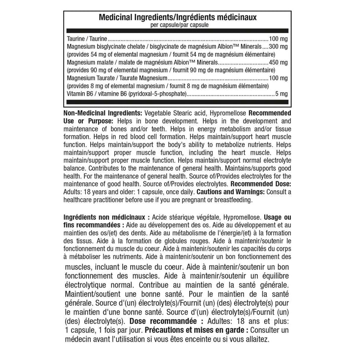 ATP Lab SynerMag Plus medicinal ingredients panel - magnesium bisglycinate, malate and taurate with taurine and vitamin B6 - Bulldog Nutrition Canada