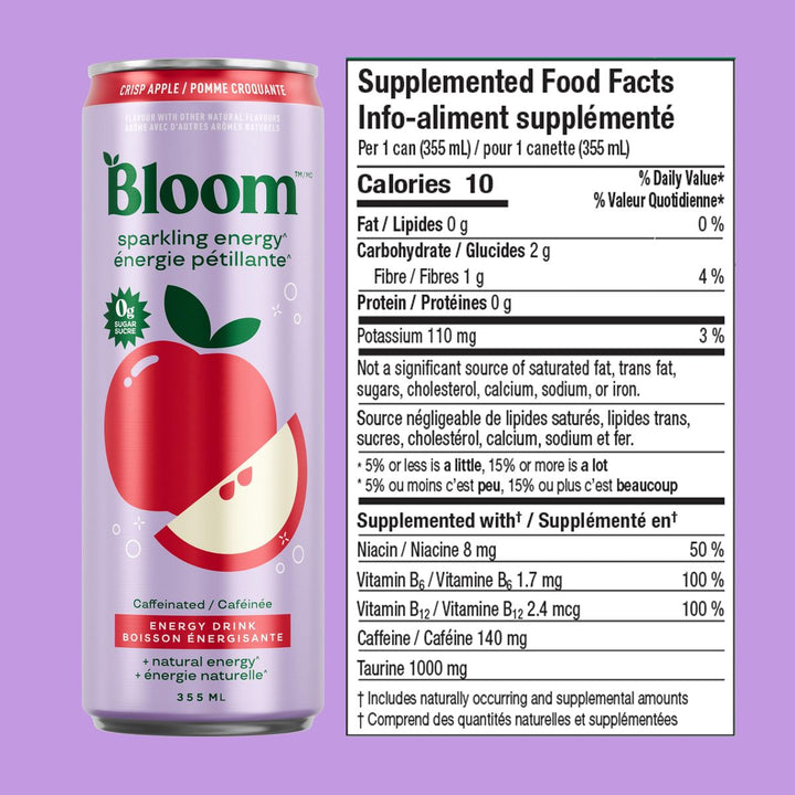Bloom Sparkling Energy Drink Crisp Apple Supplemented Food Facts – 140 mg caffeine, 10 calories, 0 g sugar, 1,000 mg taurine per 355 mL can – Bulldog Nutrition