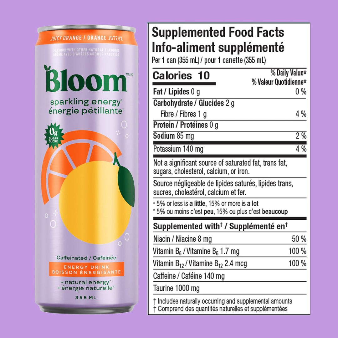 Bloom Sparkling Energy Drink Juicy Orange Supplemented Food Facts – 140 mg caffeine, 10 calories, 0 g sugar, 1,000 mg taurine per 355 mL can – Bulldog Nutrition