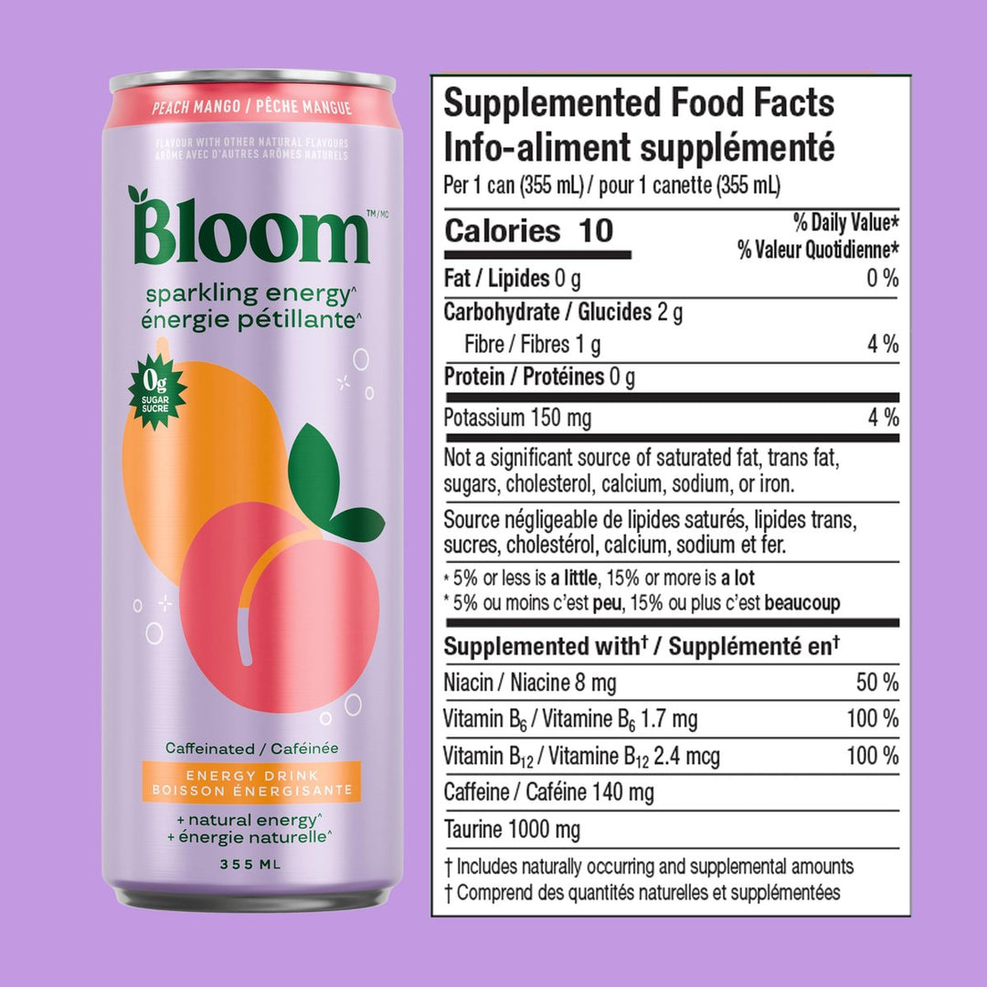 Bloom Sparkling Energy Drink Peach Mango Supplemented Food Facts – 140 mg caffeine, 10 calories, 0 g sugar, 1,000 mg taurine per 355 mL can – Bulldog Nutrition
