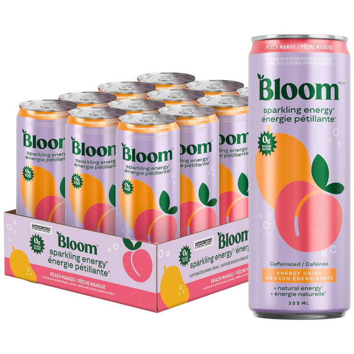 Bloom Sparkling Energy Drink Case 12 Cans Peach Mango – Bulldog Nutrition Canada