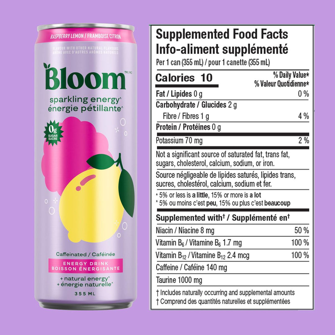 Bloom Sparkling Energy Drink Raspberry Lemon Supplemented Food Facts – 140 mg caffeine, 10 calories, 0 g sugar, 1,000 mg taurine per 355 mL can – Bulldog Nutrition