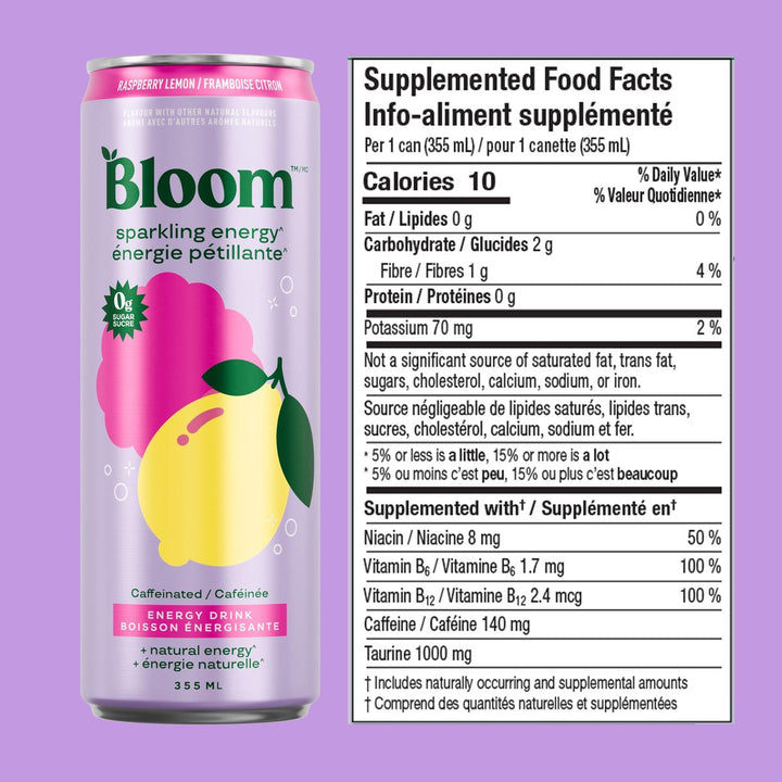 Bloom Sparkling Energy Drink Raspberry Lemon Supplemented Food Facts – 140 mg caffeine, 10 calories, 0 g sugar, 1,000 mg taurine per 355 mL can – Bulldog Nutrition