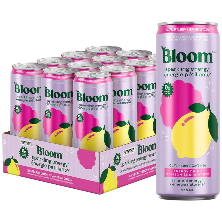 Bloom Sparkling Energy Drink Case 12 Cans Raspberry Lemon – Bulldog Nutrition Canada