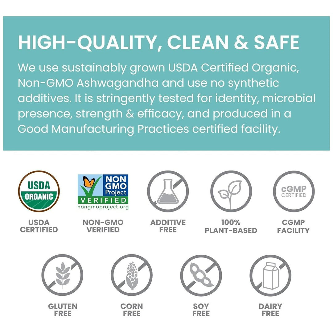 Himalaya Ashwagandha certifications - USDA Organic, Non-GMO, gluten free, cGMP facility