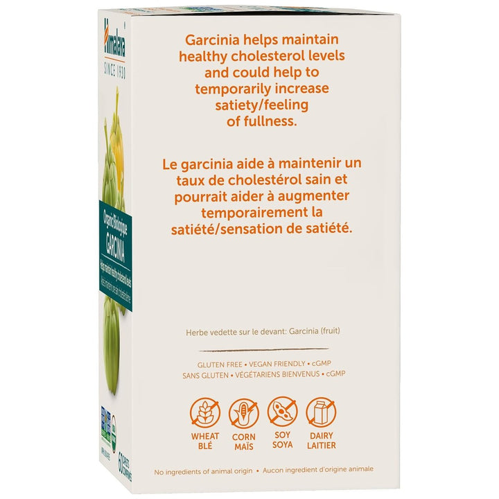 Himalaya Garcinia box back - helps maintain healthy cholesterol levels and satiety, bilingual Canadian label