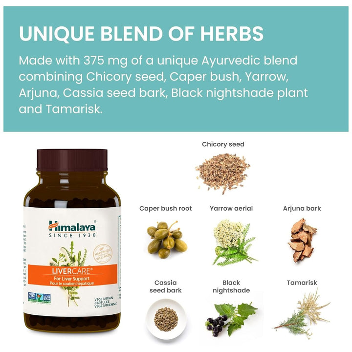 Himalaya LiverCare unique blend of herbs - 375 mg chicory, caper bush, yarrow, arjuna, black nightshade