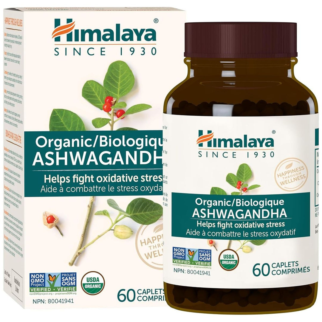 Himalaya Organic Ashwagandha 60 caplets bottle and box - buy in Canada