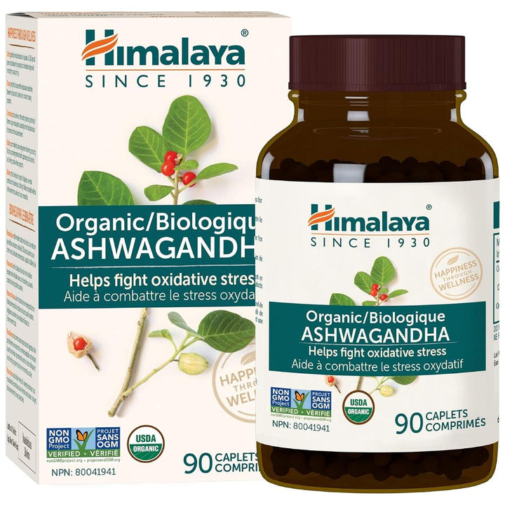 Himalaya Organic Ashwagandha 90 caplets bottle and box - buy in Canada