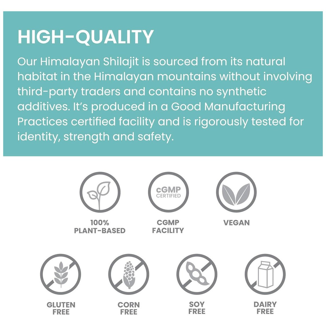 Himalaya Shilajit quality - 100 percent plant-based, cGMP facility, vegan, gluten free