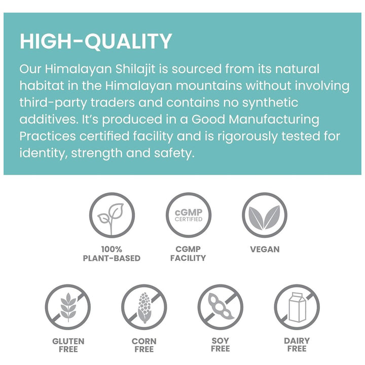 Himalaya Shilajit quality - 100 percent plant-based, cGMP facility, vegan, gluten free
