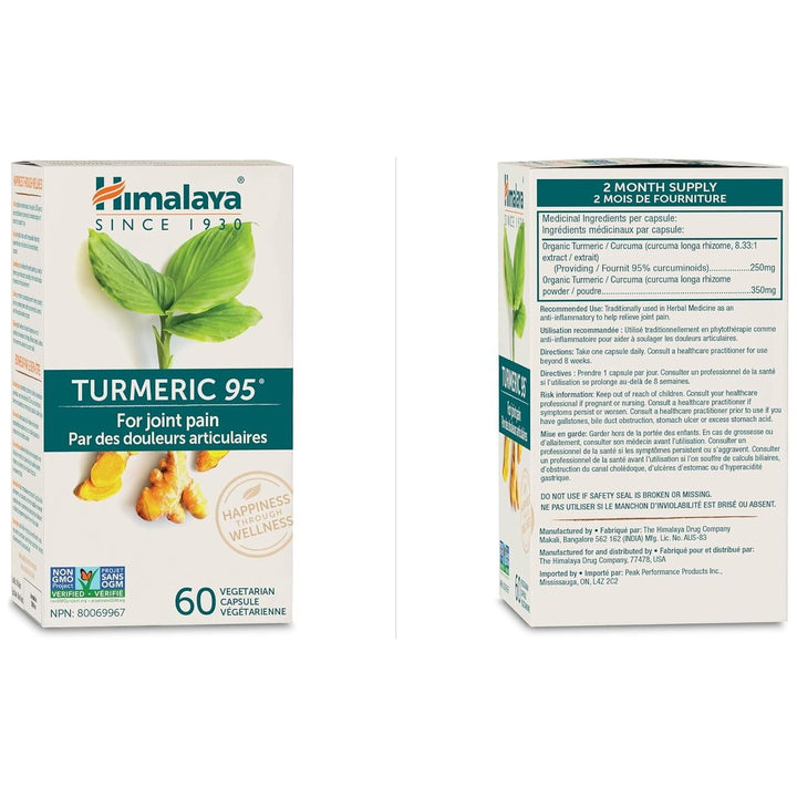 Himalaya Turmeric 95 box front and two month supply panel