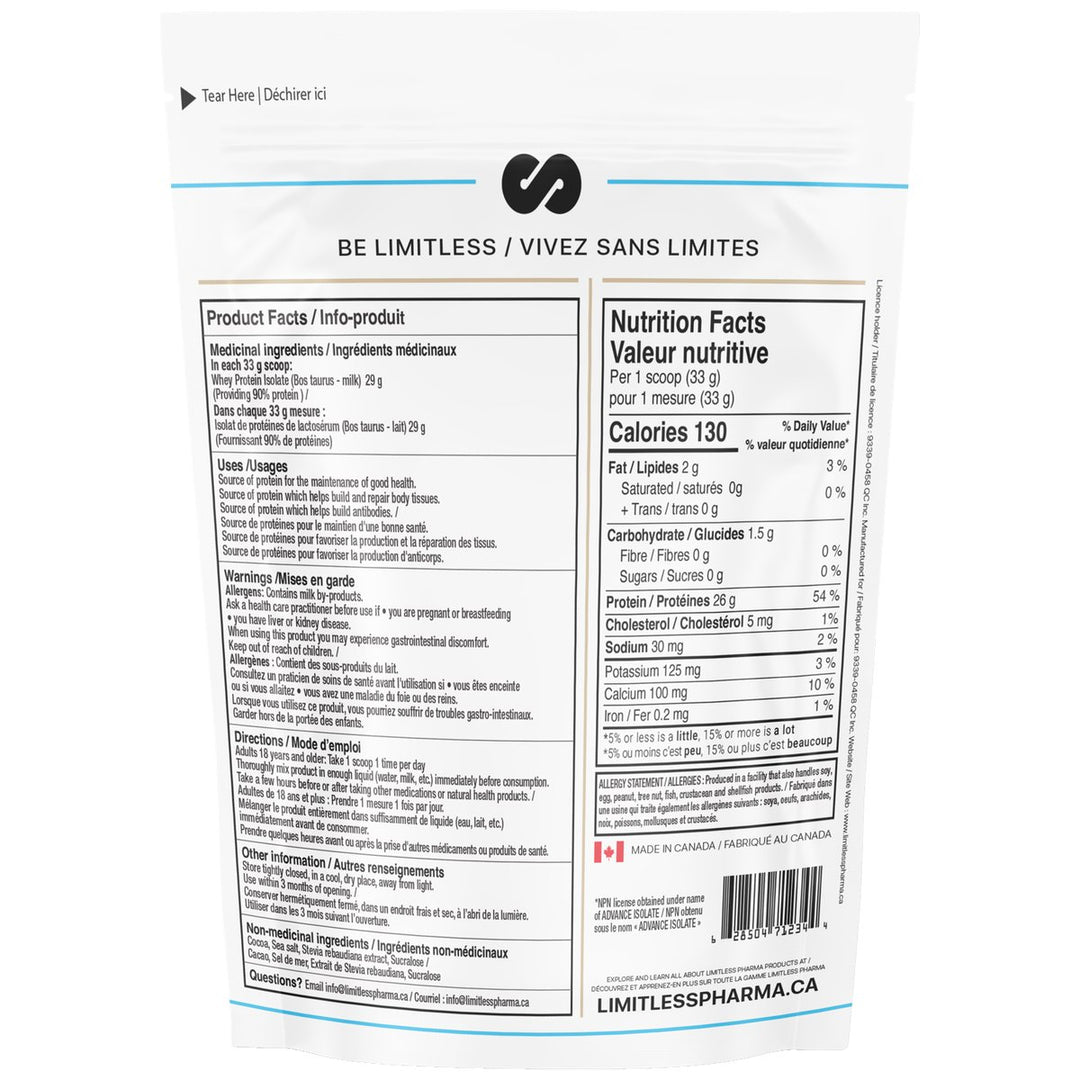 Limitless Pharma Whey Isolate 2lbs Nutrition Facts (Double Chocolate) – 26–27 g protein, 130 calories, 0 g sugar per 33 g scoop