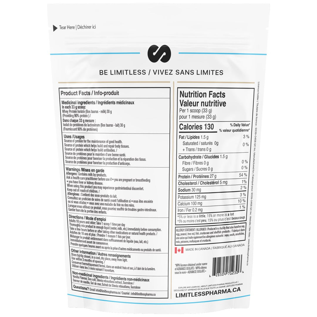 Limitless Pharma Whey Isolate 2lbs Nutrition Facts (Smooth Vanilla) – 26–27 g protein, 130 calories, 0 g sugar per 33 g scoop