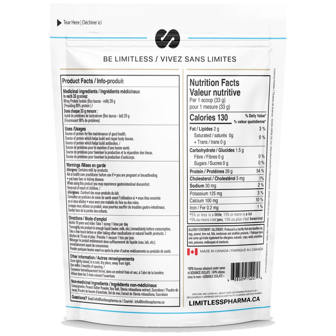 Limitless Pharma Whey Isolate 5lbs Nutrition Facts (Chocolate Peanut Butter Cup) – 26–27 g protein, 130 calories, 0 g sugar per 33 g scoop