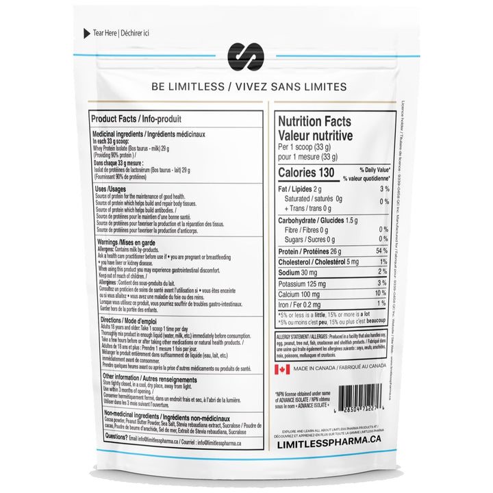 Limitless Pharma Whey Isolate 5lbs Nutrition Facts (Chocolate Peanut Butter Cup) – 26–27 g protein, 130 calories, 0 g sugar per 33 g scoop