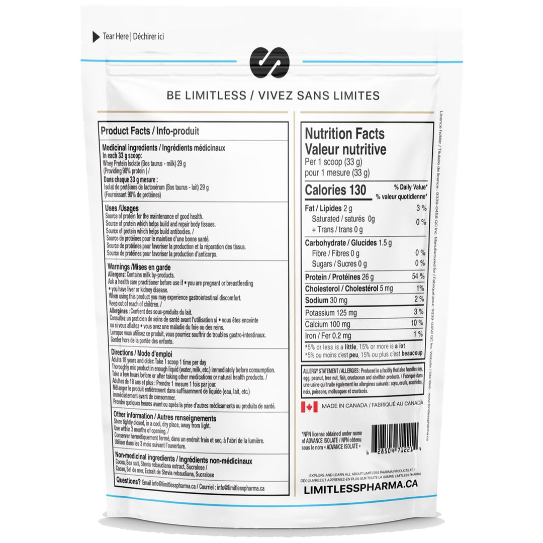 Limitless Pharma Whey Isolate 5lbs Nutrition Facts (Double Chocolate) – 26–27 g protein, 130 calories, 0 g sugar per 33 g scoop