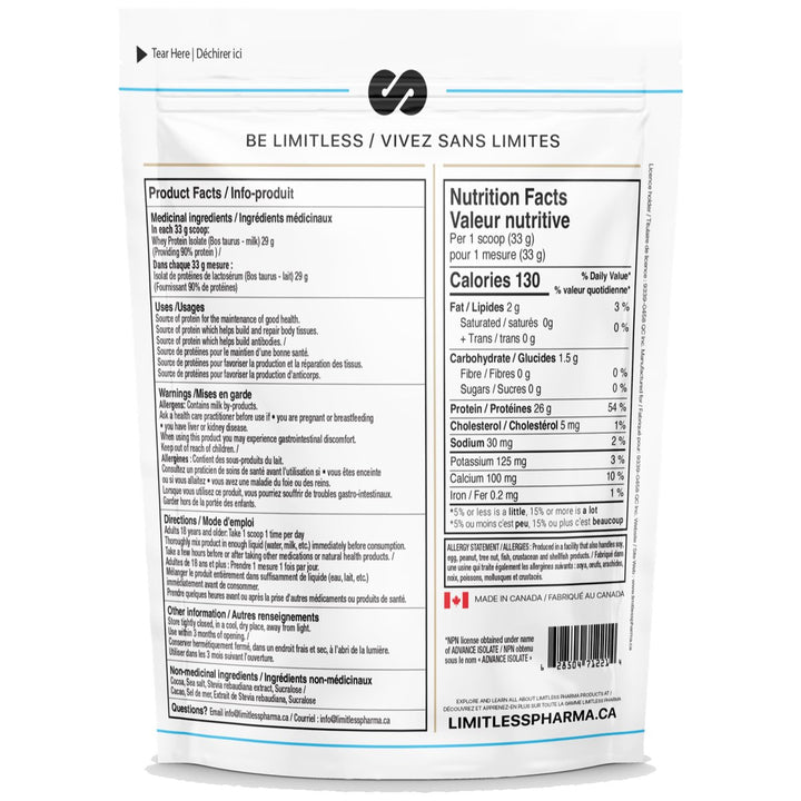 Limitless Pharma Whey Isolate 5lbs Nutrition Facts (Double Chocolate) – 26–27 g protein, 130 calories, 0 g sugar per 33 g scoop
