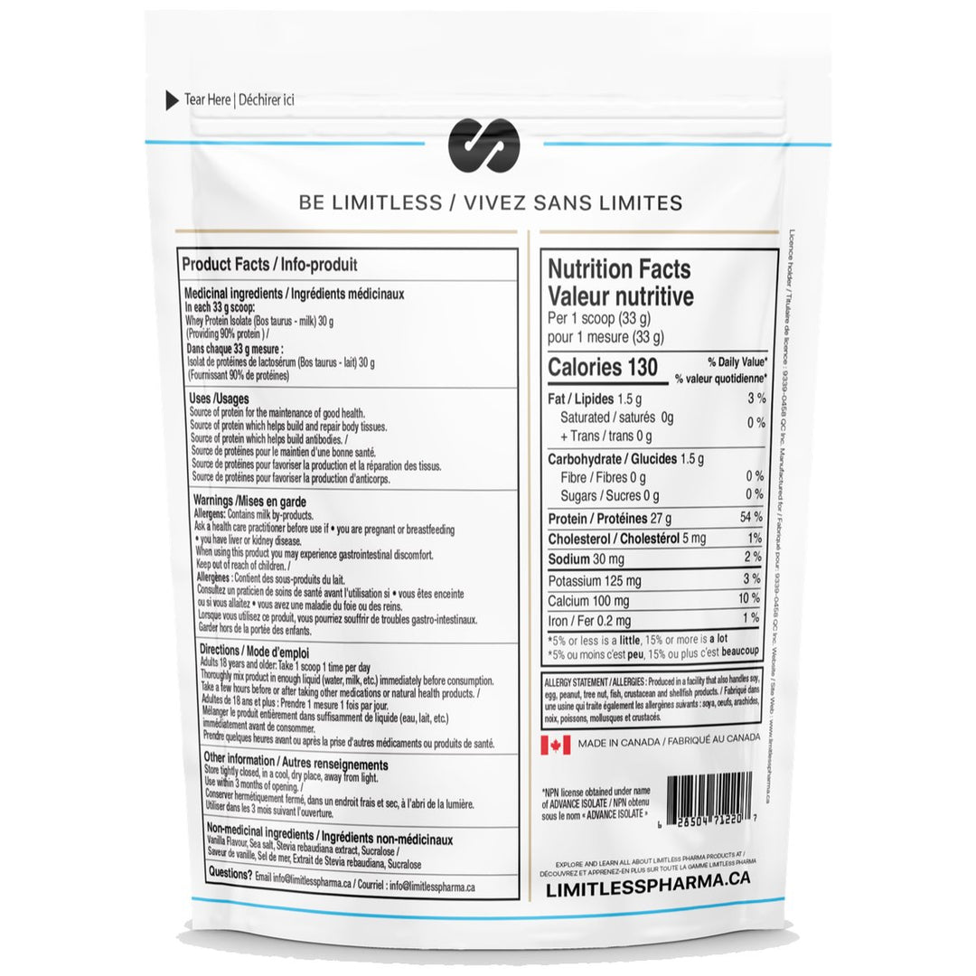 Limitless Pharma Whey Isolate 5lbs Nutrition Facts (Smooth Vanilla) – 26–27 g protein, 130 calories, 0 g sugar per 33 g scoop