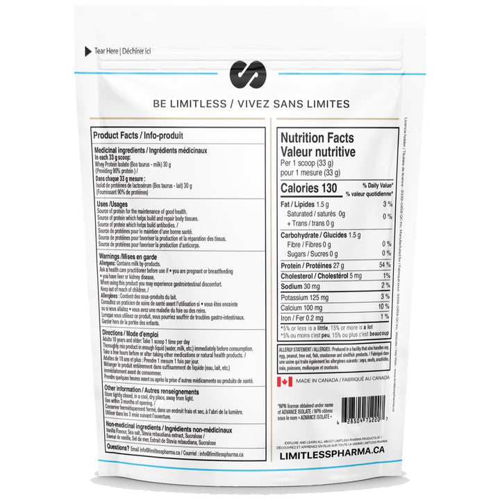 Limitless Pharma Whey Isolate 5lbs Nutrition Facts (Smooth Vanilla) – 26–27 g protein, 130 calories, 0 g sugar per 33 g scoop