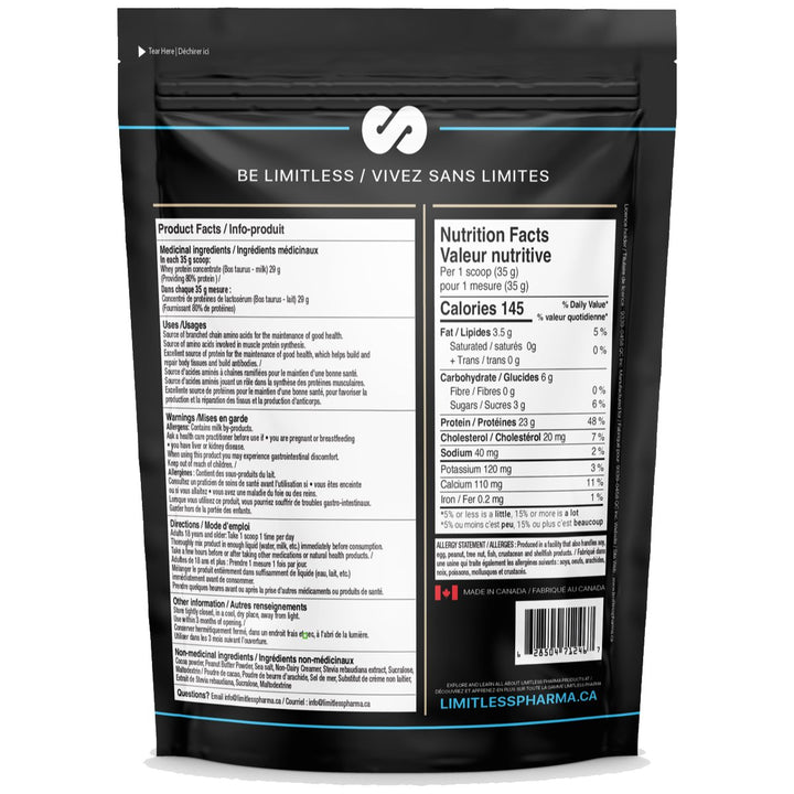 Limitless Pharma Whey Protein 5lbs Nutrition Facts (Chocolate Peanut Butter Cup) – 23–24 g protein, 145 calories, 3 g sugar per 35 g scoop