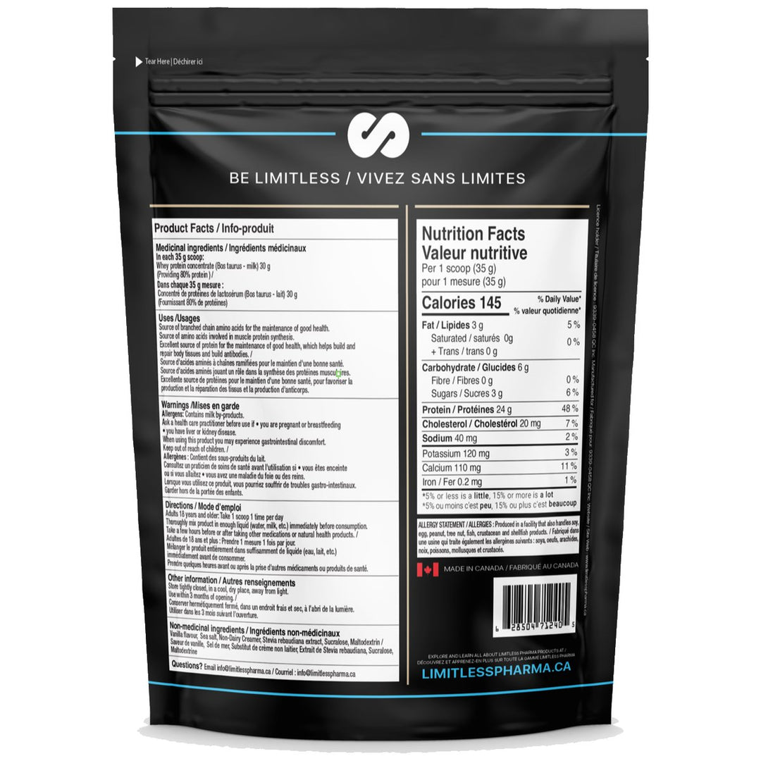 Limitless Pharma Whey Protein 5lbs Nutrition Facts (Smooth Vanilla) – 23–24 g protein, 145 calories, 3 g sugar per 35 g scoop