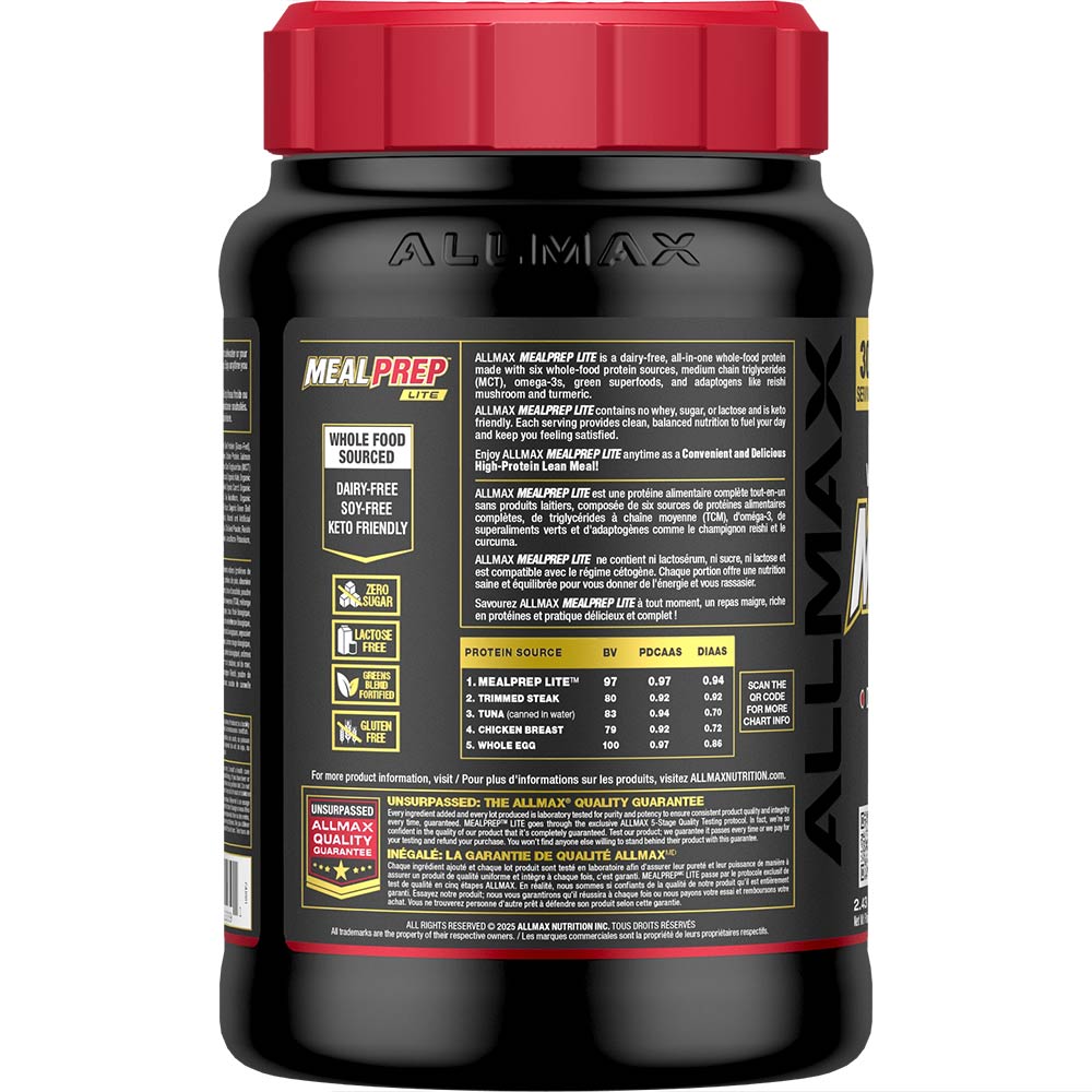 Allmax MealPrep Lite Chocolate Peanut Butter Cup nutrition facts left panel